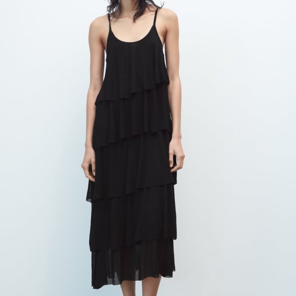 NWT ZARA RUFFLED KNIT tiered maxi DRESS  BLACK - REF. 2893/037 S